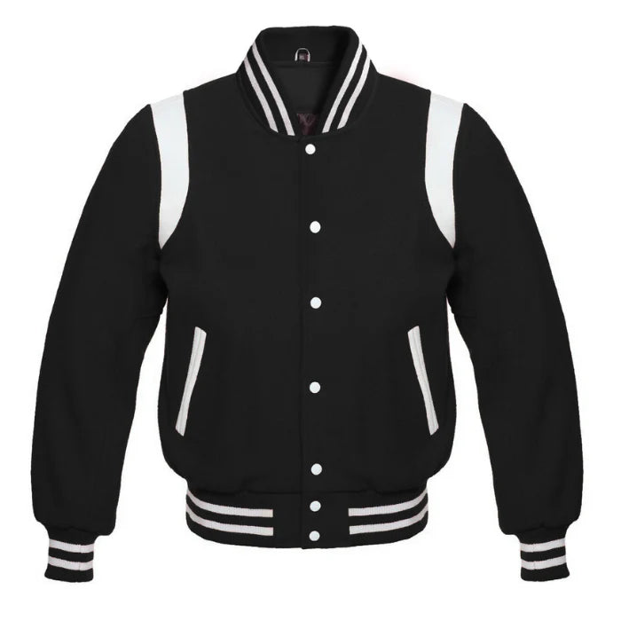 Black Wool Varsity Jacket with White Shoulder Stripes