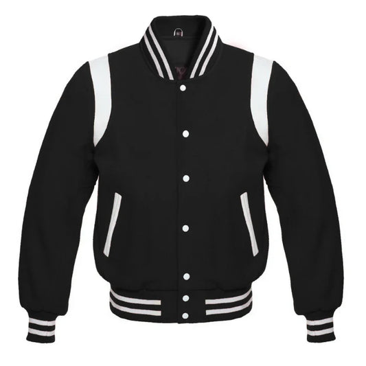 Black Wool Varsity Jacket with White Shoulder Stripes