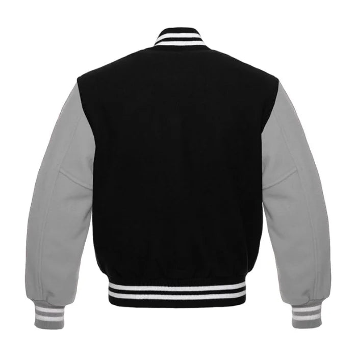 Black and Grey All Wool Varsity Jacket Back Side