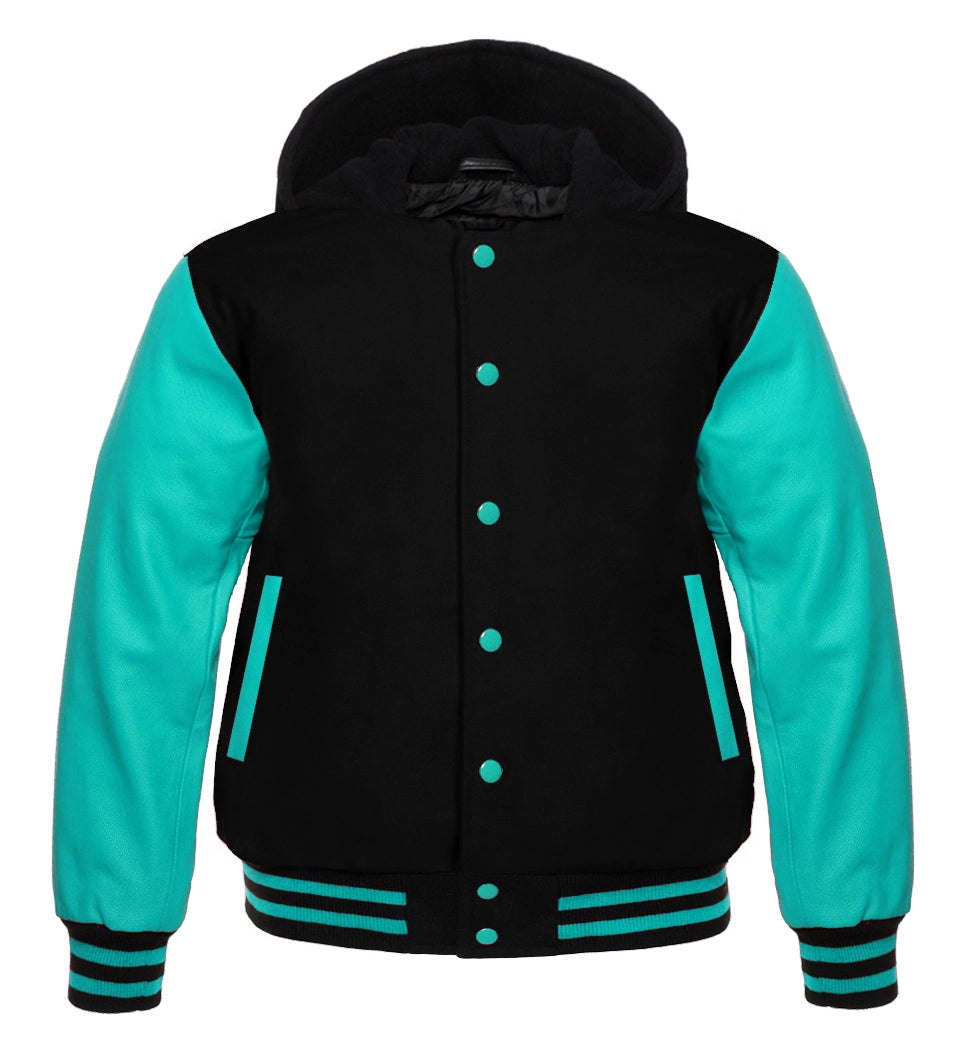 A hooded varsity jacket with black body and Tiffany blue sleeves, featuring snap buttons, two large outer pockets with zippers, and ribbing at the cuffs and hem.