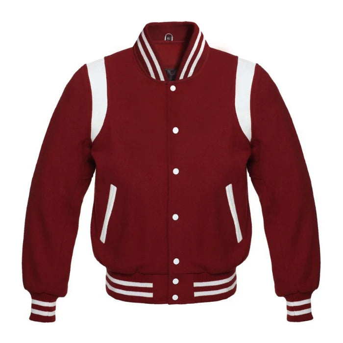 Cardinal Red Wool Varsity Jacket with White Shoulder Stripes
