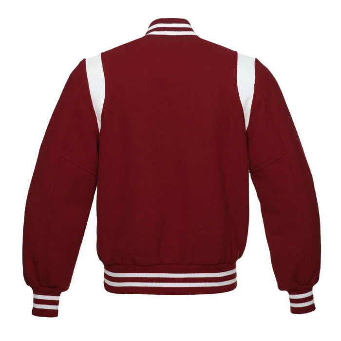 Cardinal Red Wool Varsity Jacket with White Shoulder Stripes Back Side