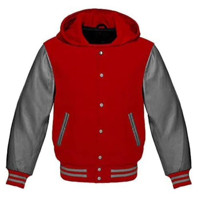 Red and gray varsity jacket with a hood on a white background