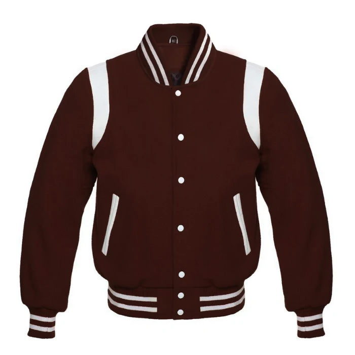 Dark Brown Wool Varsity Jacket with White Shoulder Stripes