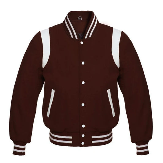 Dark Brown Wool Varsity Jacket with White Shoulder Stripes