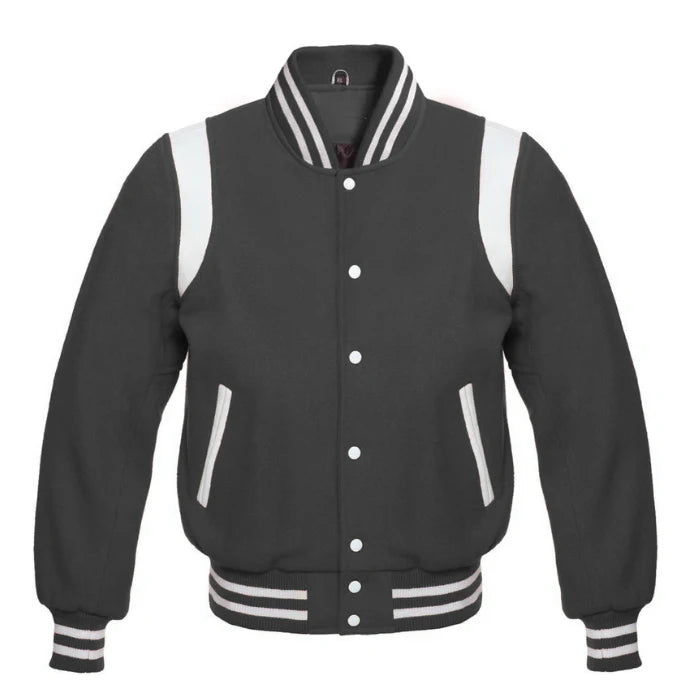Dark Grey Wool Varsity Jacket with White Shoulder Stripes