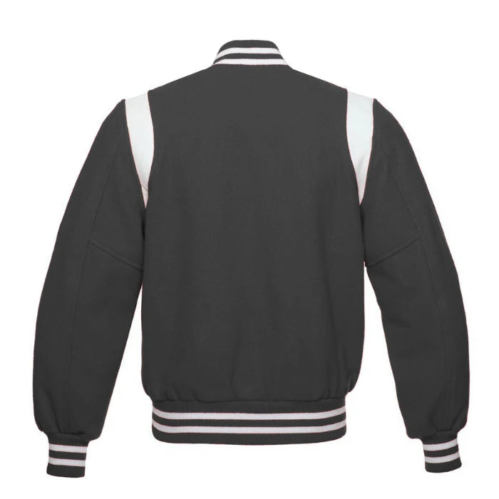 Dark Grey Wool Varsity Jacket with White Shoulder Stripes Back Side
