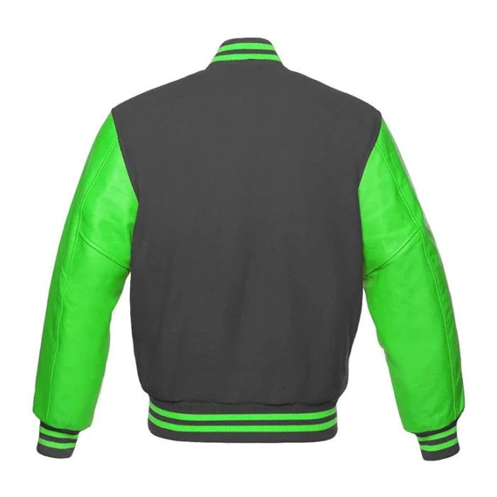 Dark Grey and Kelly Green Varsity Jacket Back Side