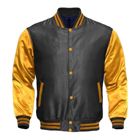 Dark Gray and Gold Satin Varsity Jacket