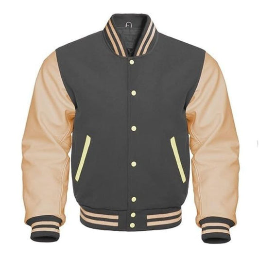 Dark Grey and Cream Letterman Jacket