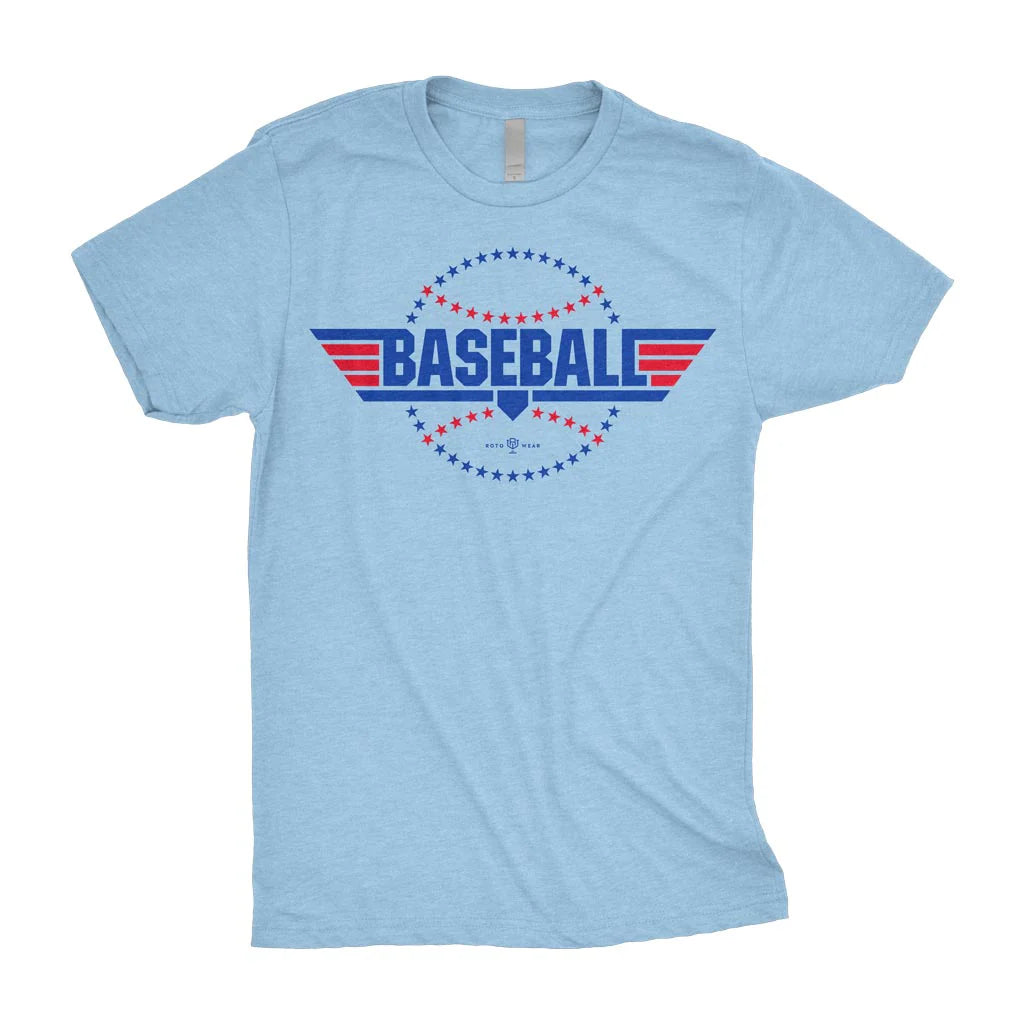 Sky blue Fly Ball t-shirt with patriotic baseball wings and stars design