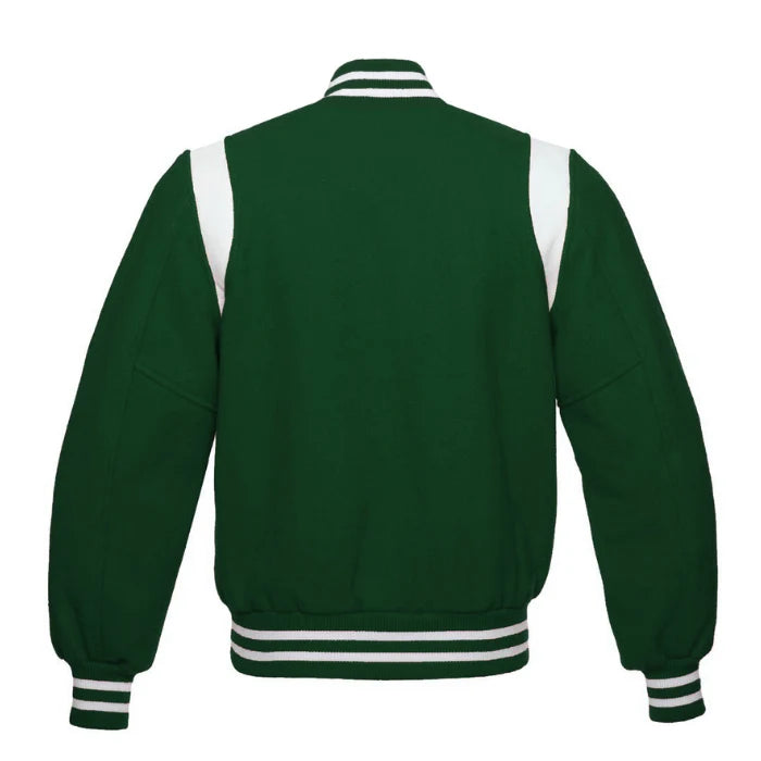 Forest Green Wool Varsity Jacket with White Shoulder Stripes Back Side