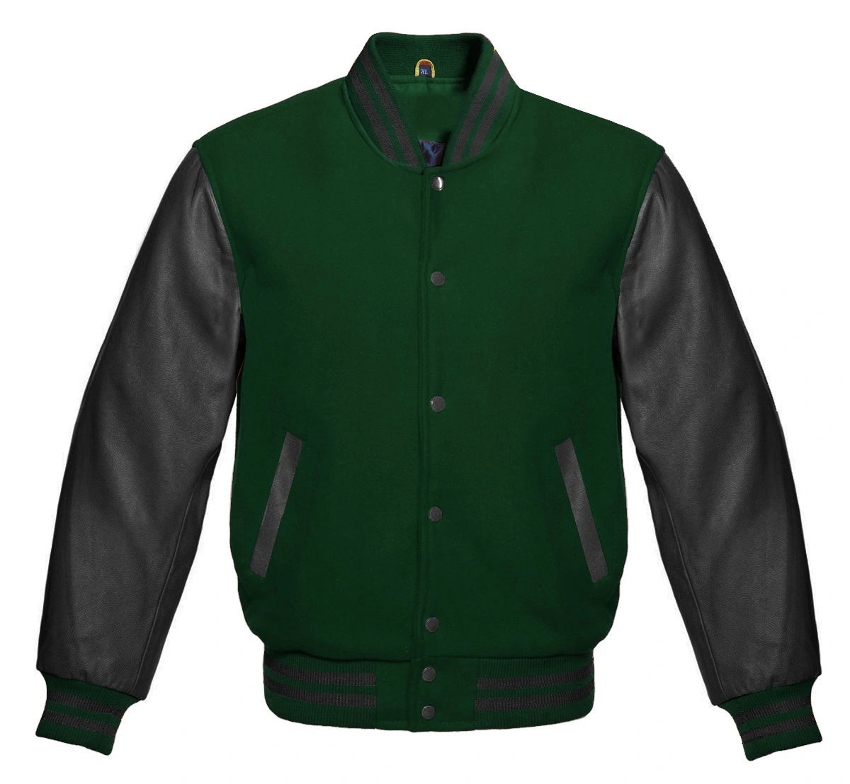 Forest Green Varsity Jacket with Black Leather Sleeves