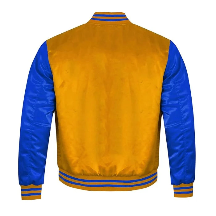 Gold and Royal Blue Satin Varsity Jacket Back Side