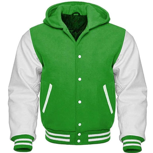 Green and White Hooded Varsity Jacket
