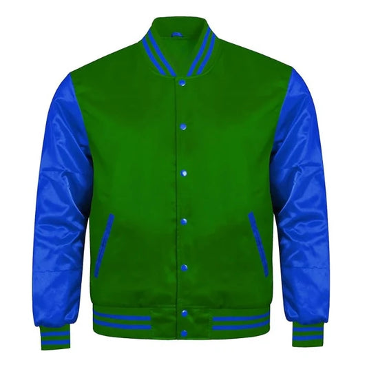 Green and Royal Blue Satin Varsity Jacket