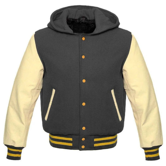 A gray and cream varsity hooded jacket with ribbed cuffs and hem, featuring a front pouch pocket and a logo on the chest.
