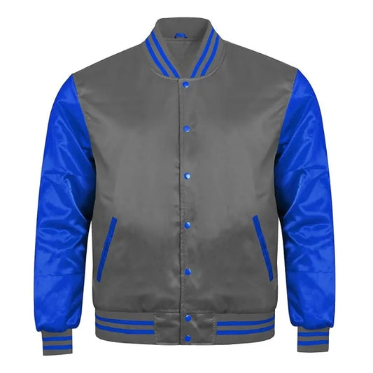 Grey and Royal Blue Satin Varsity Jacket