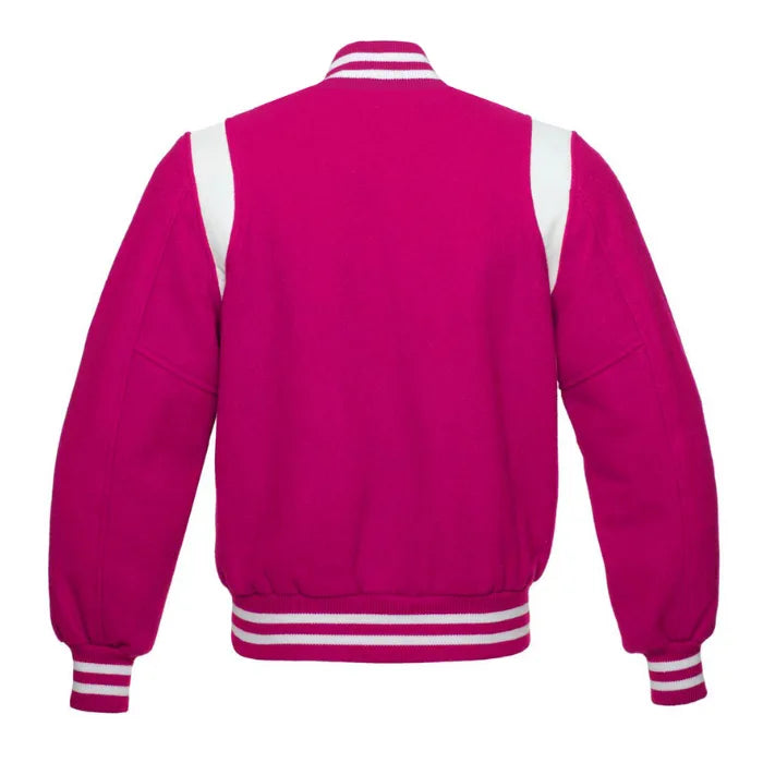 Hot Pink Wool Varsity Jacket with White Shoulder Stripes Back Side