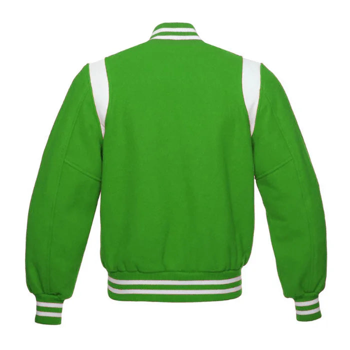 Kelly Green Wool Varsity Jacket with White Shoulder Stripes Back Side