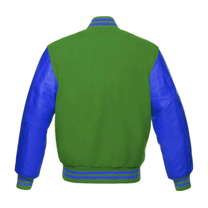 Kelly Green and Royal Blue Varsity Jacket Back Side