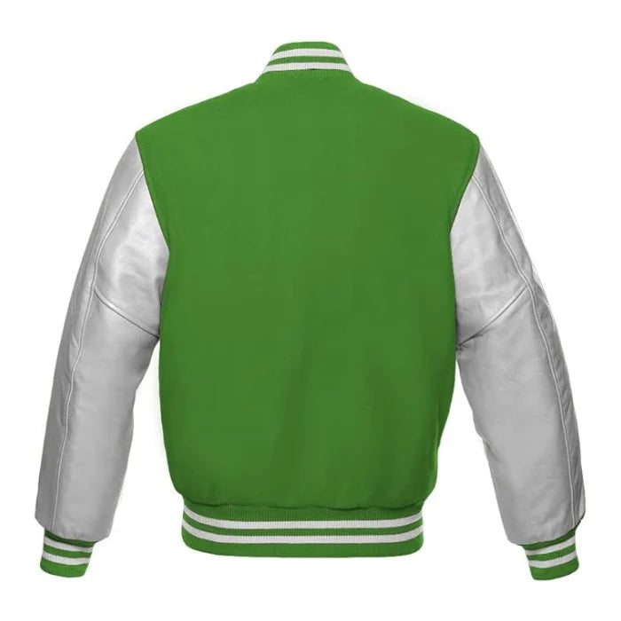 Kelly Green and Silver Varsity Jacket Back Side