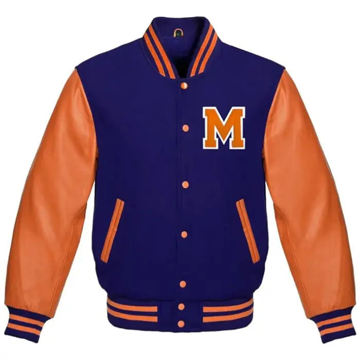 Letter M Varsity Jacket in Navy/Tan