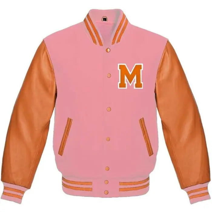 Letter M Varsity Jacket in Pink/Tan