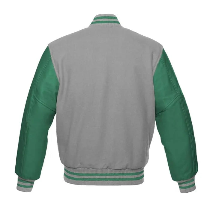 Light Grey and Green Varsity Jacket Back Side
