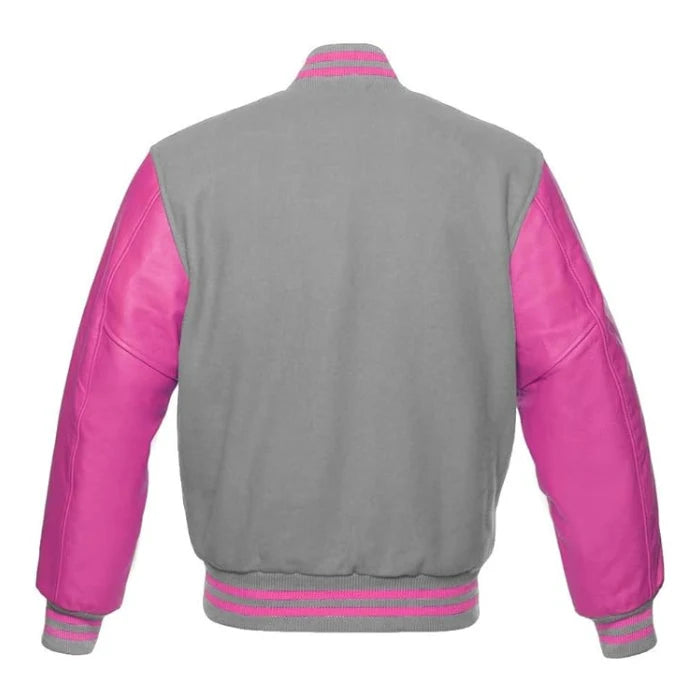 Light Grey and Hot Pink Varsity Jacket Back Side