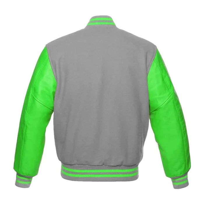 Light Grey and Kelly Green Varsity Jacket Back Side