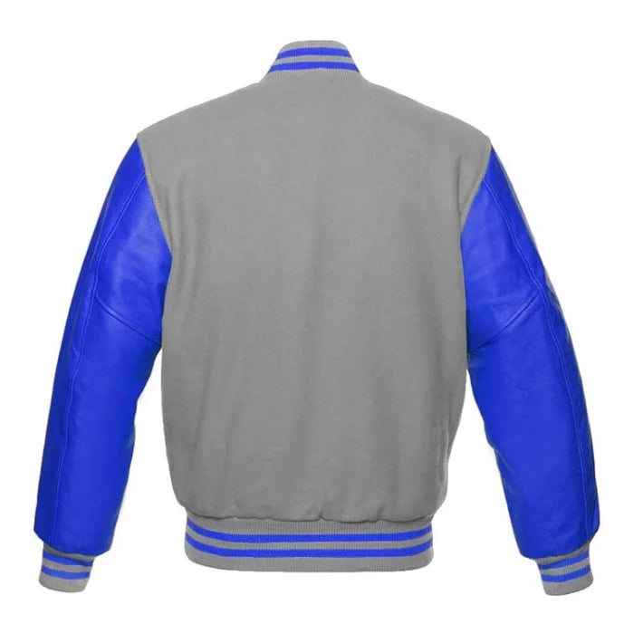 Light Grey and Royal Blue Varsity Jacket Back Side
