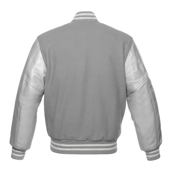 Light Grey and Silver Varsity Jacket Back Side