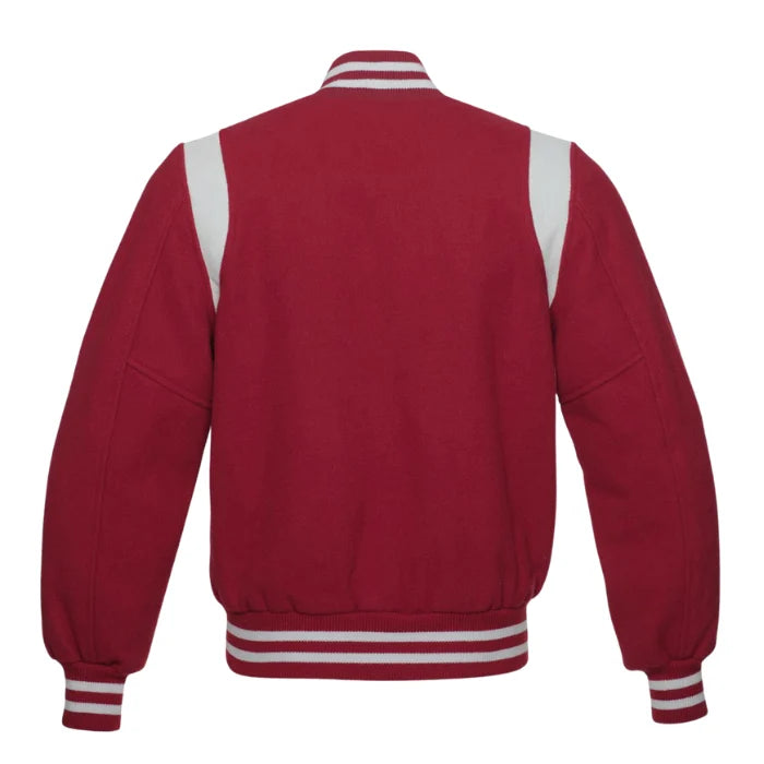 Maroon Wool Varsity Jacket with White Shoulder Stripes Back Side