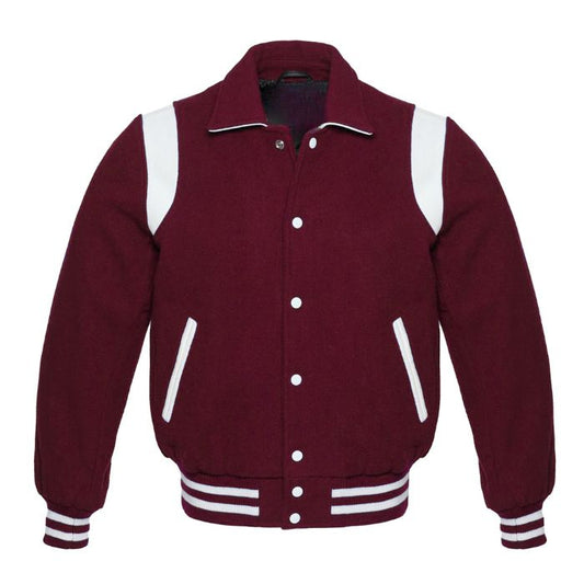 Maroon Retro Collared Varsity Jacket with White Stripe on Shoulder
