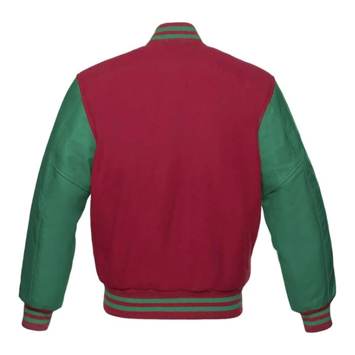 Maroon and Green Varsity Jacket Back Side
