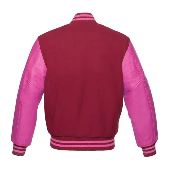 Maroon and Hot Pink Varsity Jacket Back Side