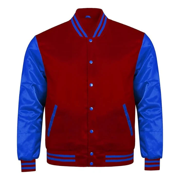 Maroon and Royal Blue Satin Varsity Jacket