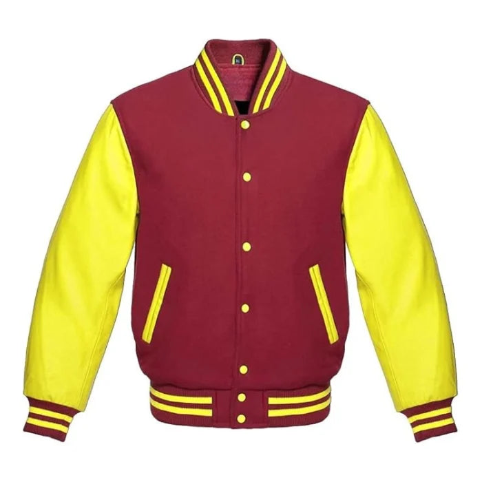 Maroon and yellow varsity jacket on a white background