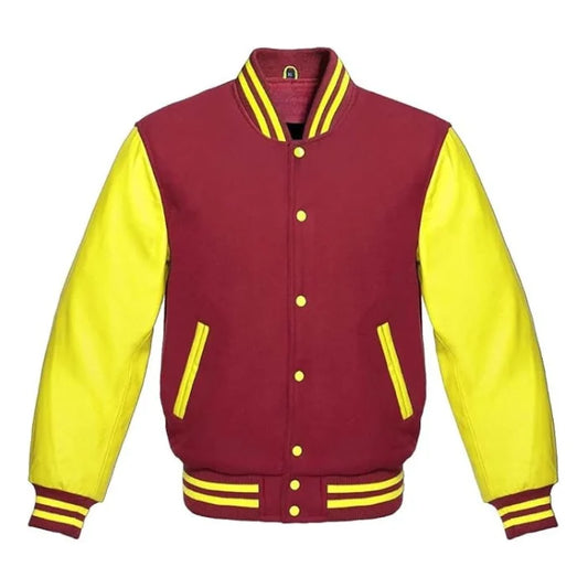 Maroon and yellow varsity jacket on a white background