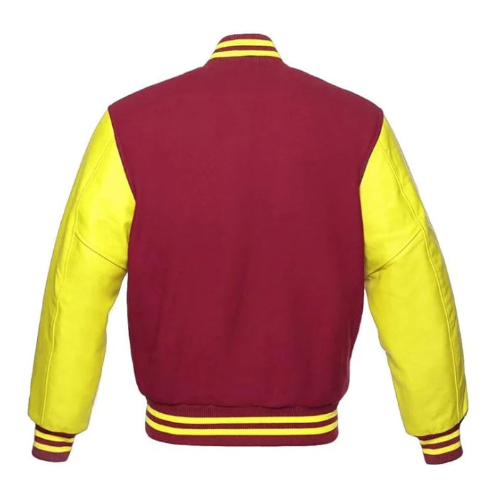 Back view of a maroon and yellow varsity jacket with red and yellow stripes on a white background