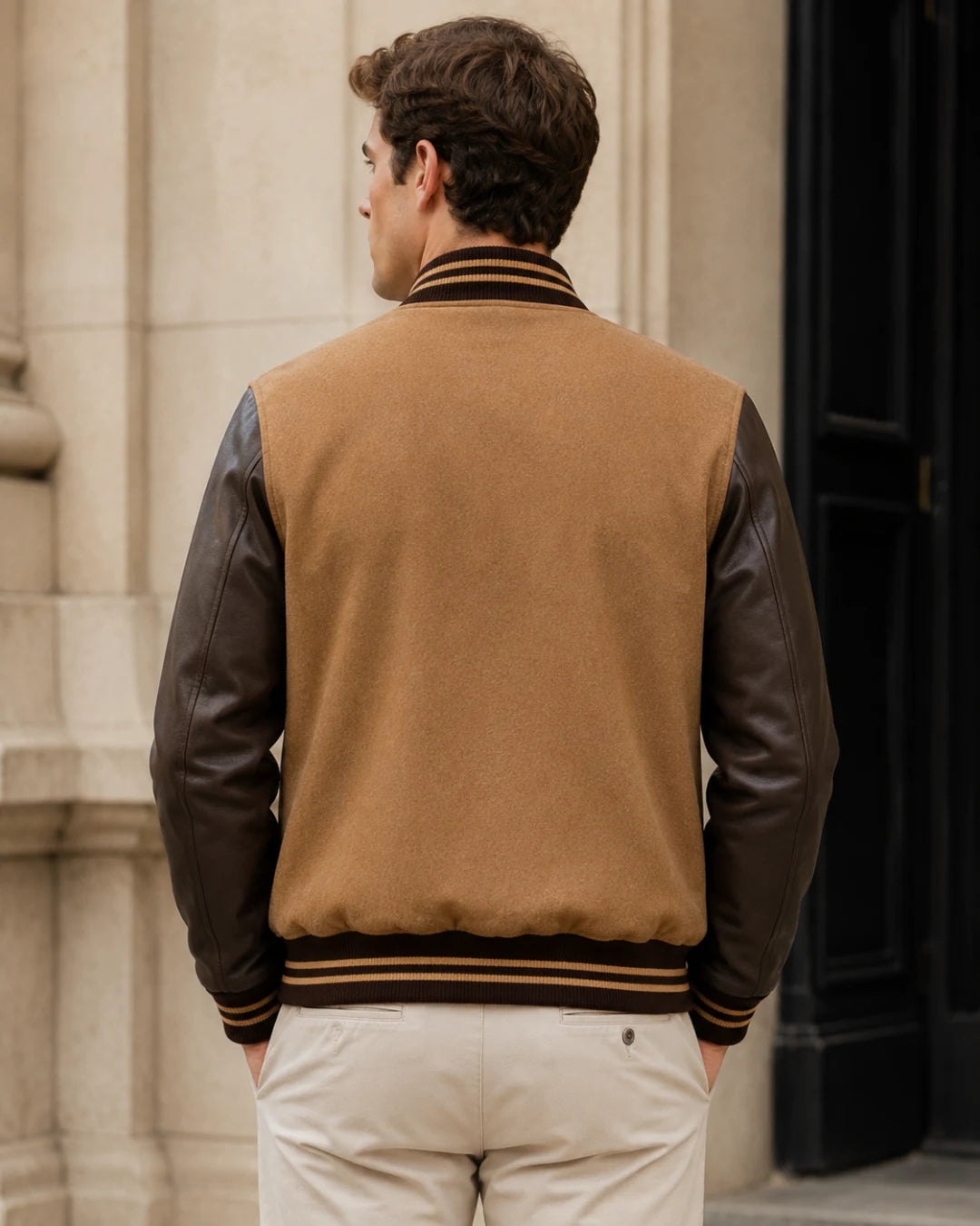 Back view of a blank tan varsity jacket with dark brown leather sleeves on a male model