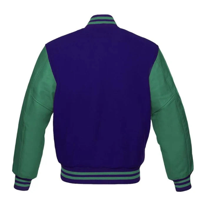 Navy Blue and Green Varsity Jacket Back Side