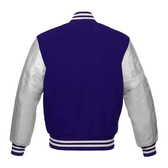 Navy Blue and Silver Varsity Jacket Back Side