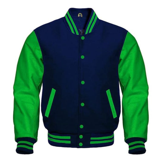 Navy Blue and Neon Green Varsity Jacket