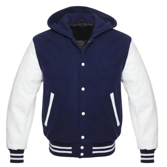 NAVY AND WHITE HOODED VARSITY JACKET