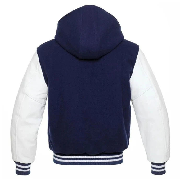 NAVY AND WHITE HOODED VARSITY JACKET