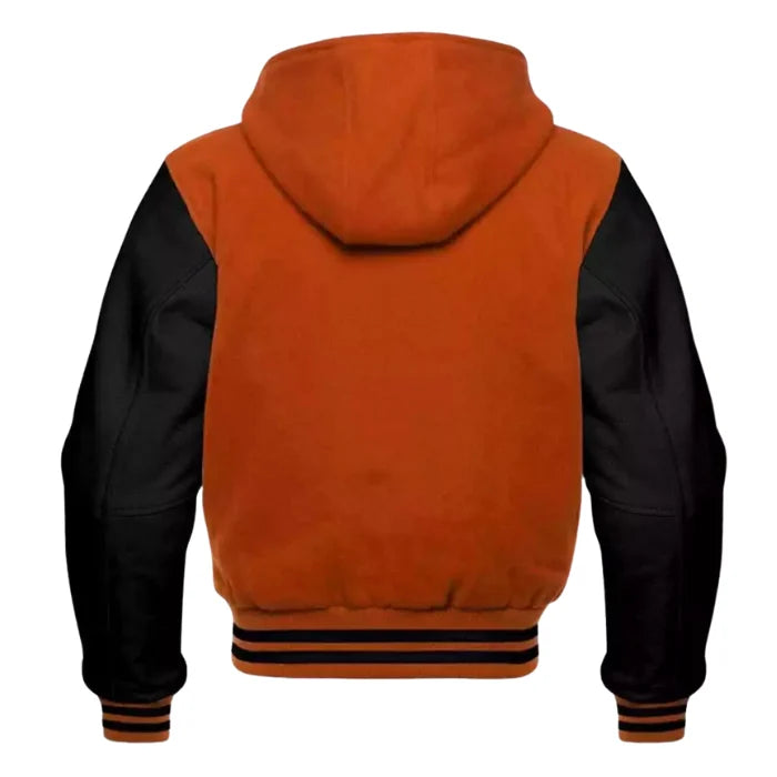 Orange and black hoodie with striped cuffs on a white background