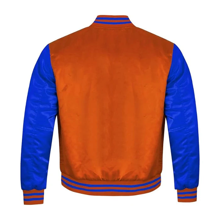Orange and Royal Blue Satin Varsity Jacket Back Side