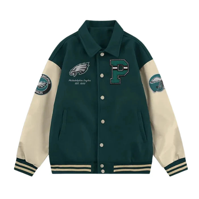 Philadelphia Eagles Collared Green and Off White Varsity Jacket